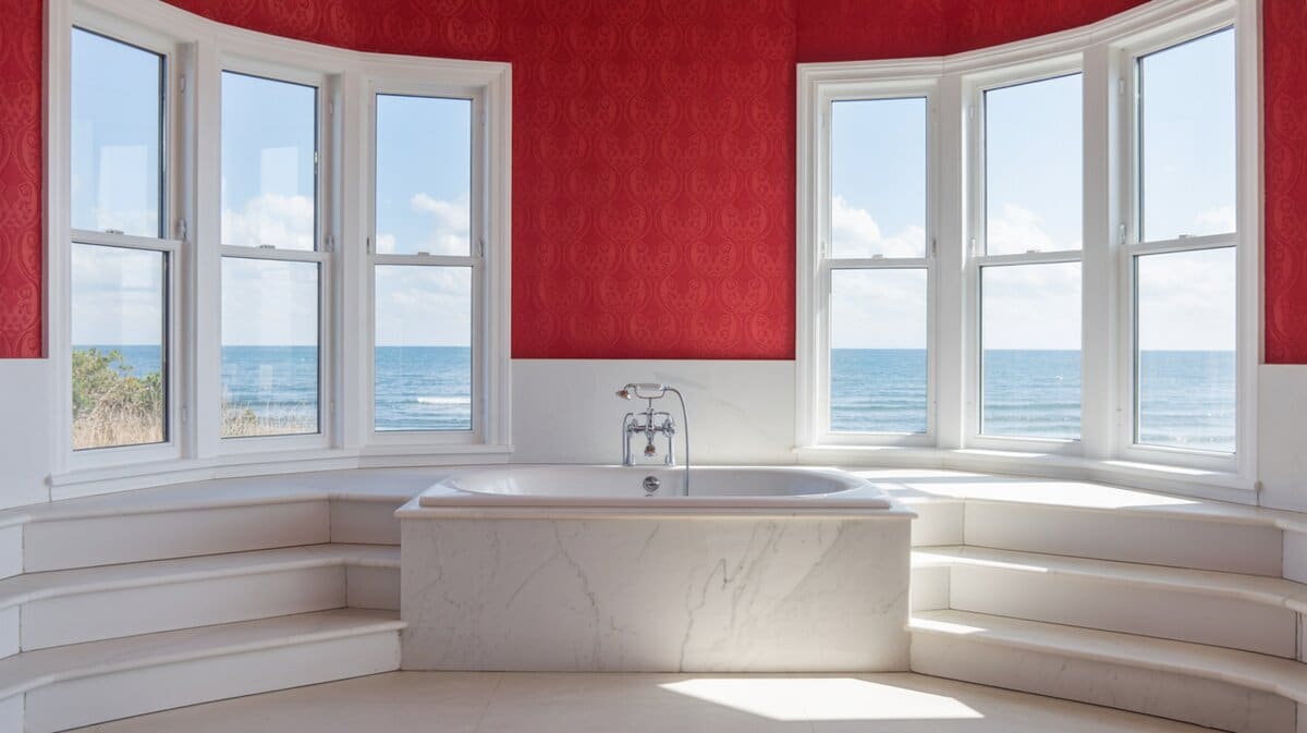Marble-clad tub raised on a platform beside bay windows and red walls