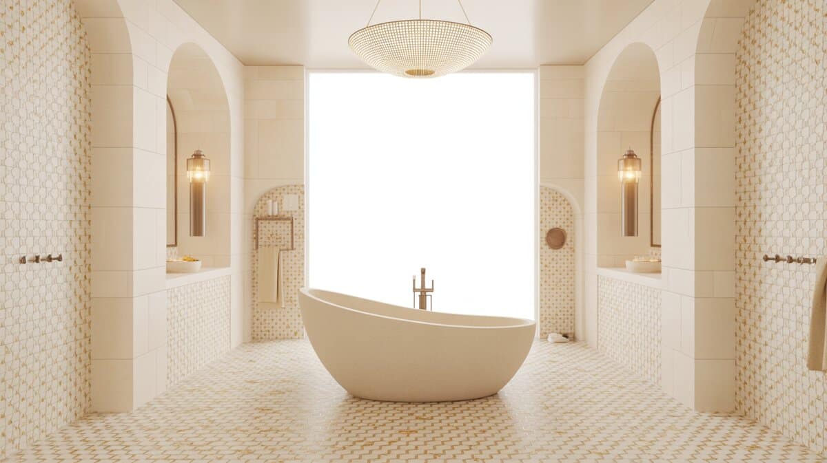 Sculptural freestanding tub centered on golden geometric tiles under a chandelier
