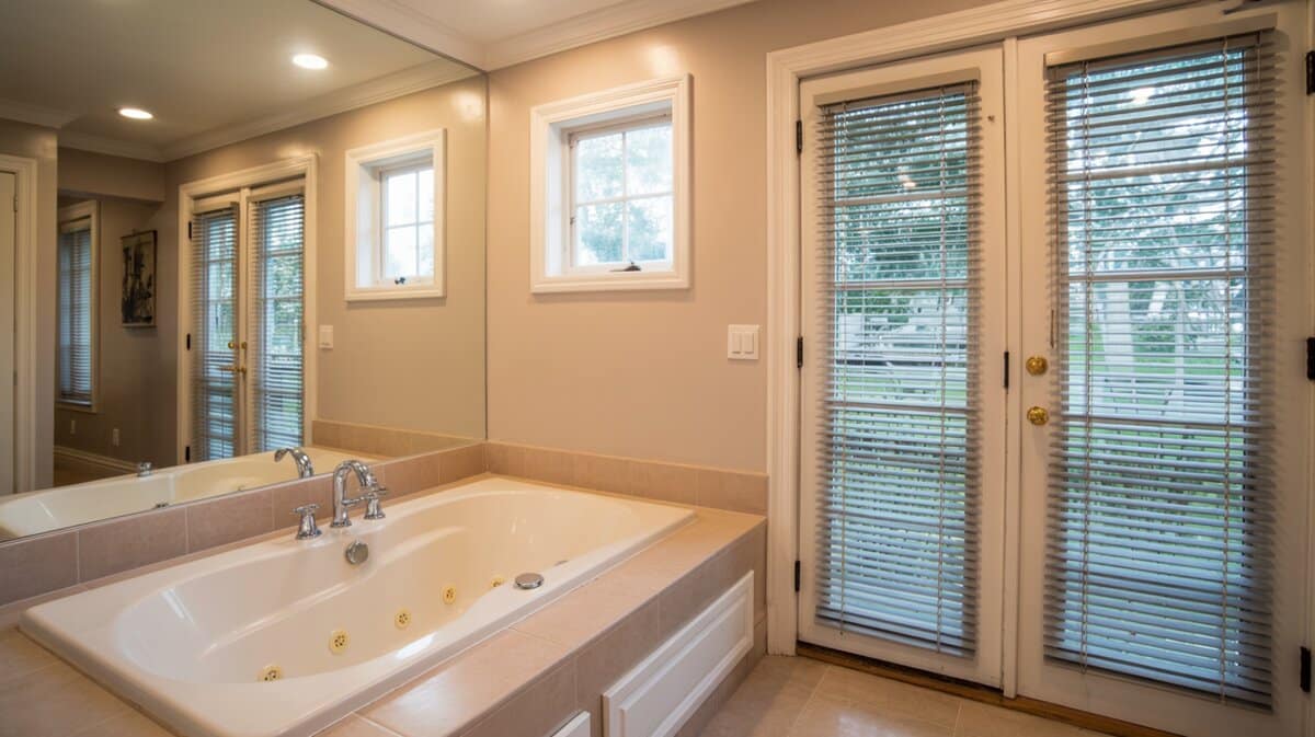 Whirlpool tub in a semi-enclosed alcove with a large mirror