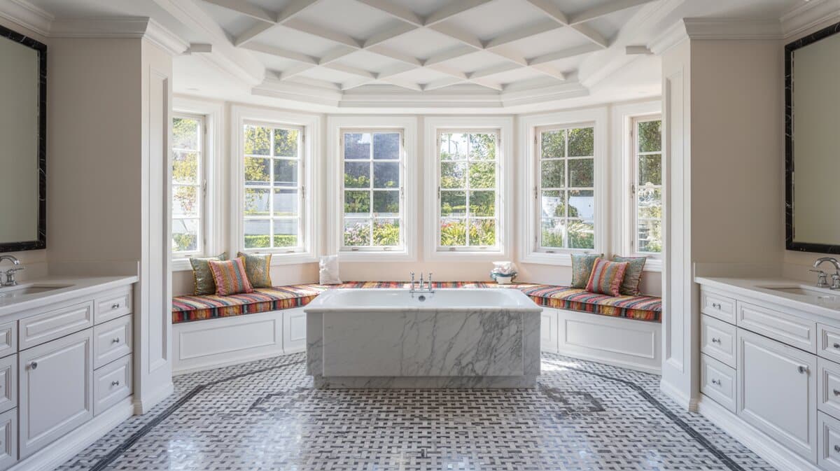Marble-clad tub beside cushioned window seats under a trellis-pattern ceiling