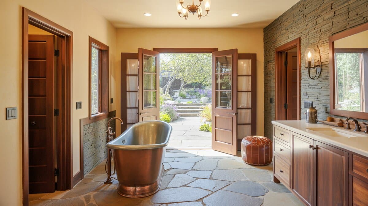 Copper tub by patio doors with quarry stone floors and wenge cabinets