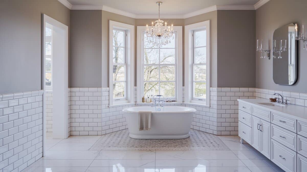 White acrylic tub in a bay window nook beneath an accent chandelier