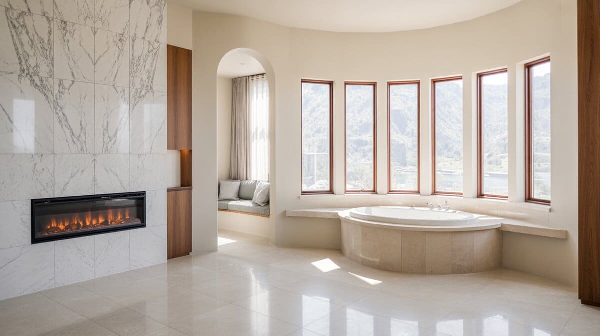 Round oval tub by picture windows beside a wide electric fireplace
