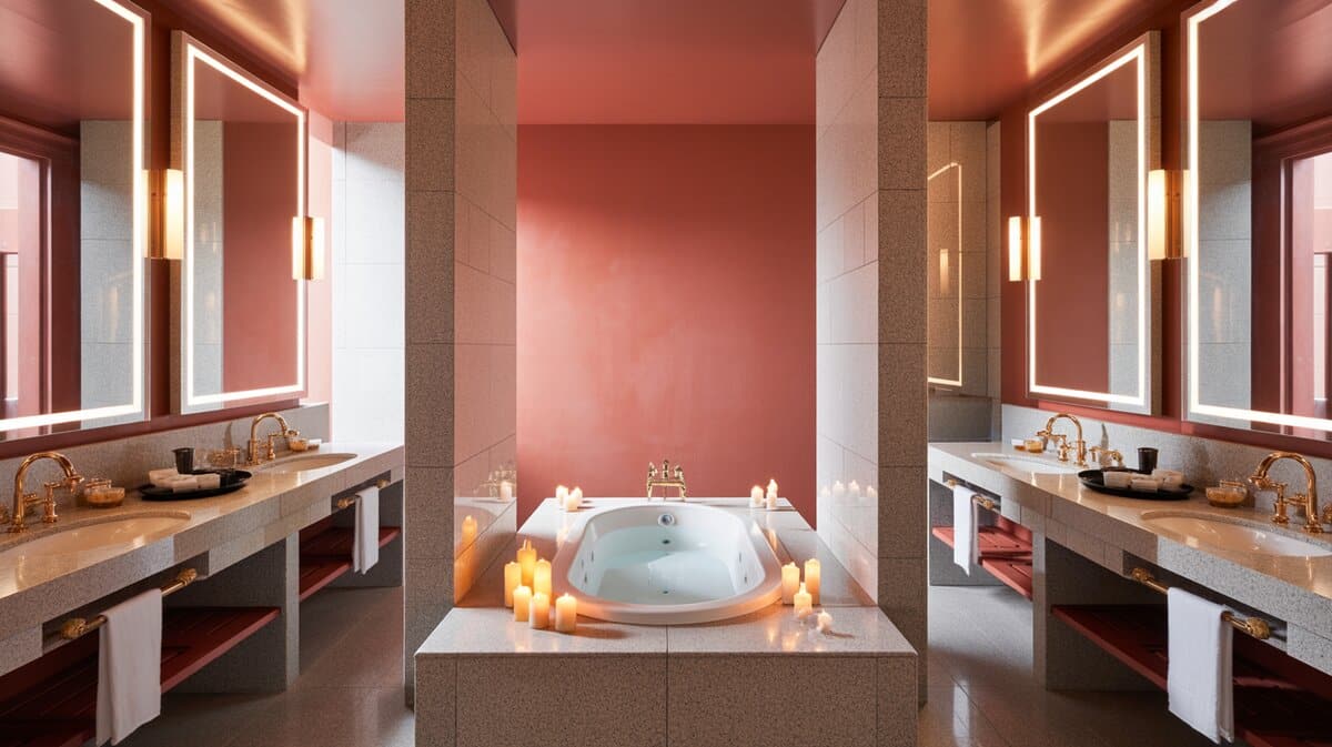 Soaking tub framed by candles and rosy granite with gold fixtures