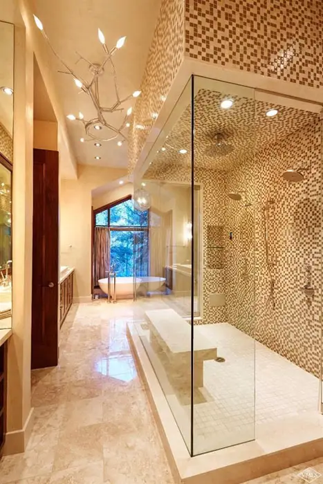 Warm toned bathroom with cream pixel like tiles