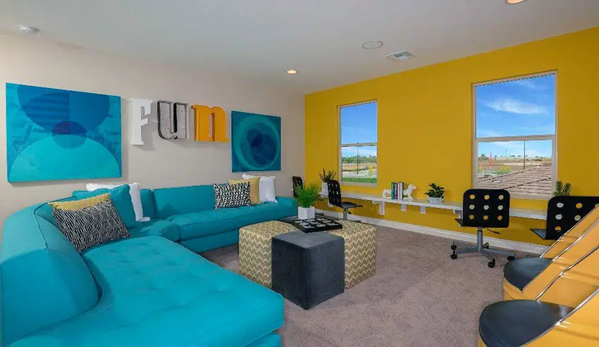 Blue and yellow themed contemporary living room