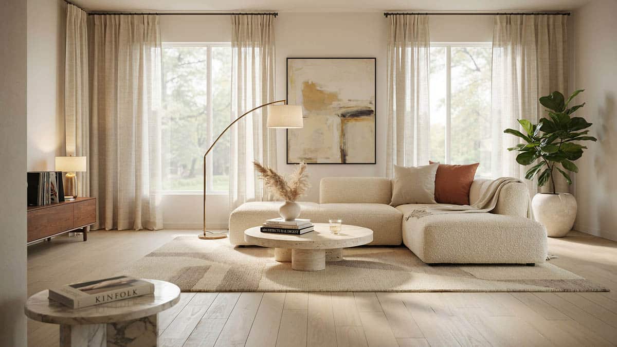 Decorated room interior with large windows and cream curtains and couch