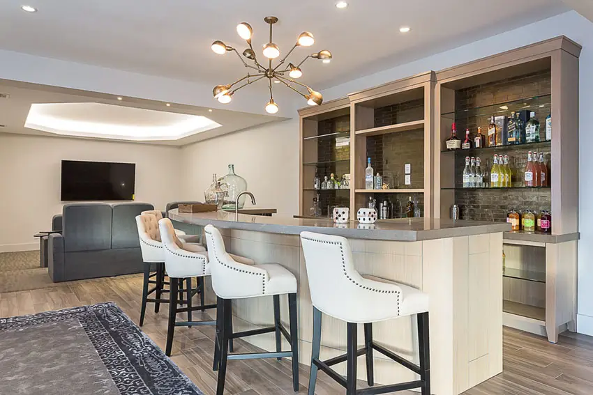 B with white leather bar stools and gray countertops