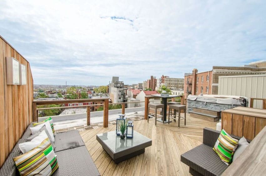 Contemporary deck with city views and outdoor seating