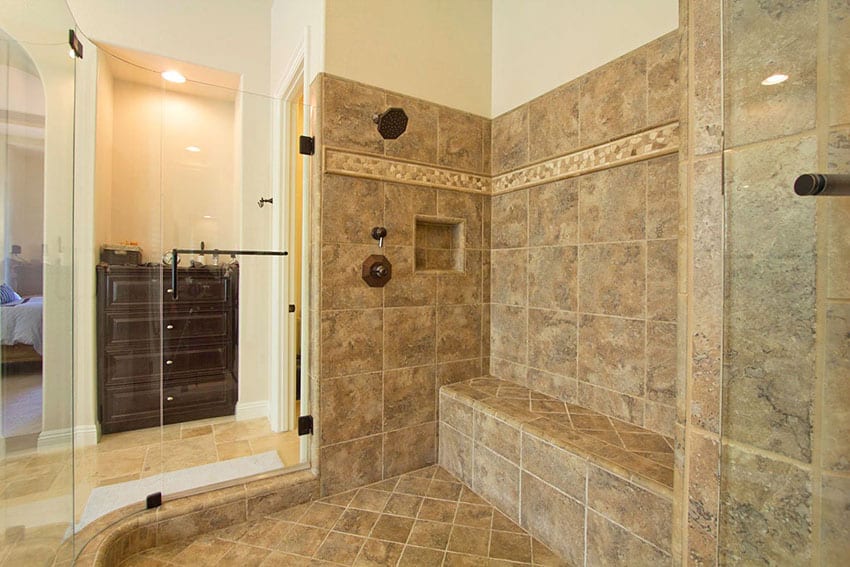 Contemporary frameless shower with porcelain tile