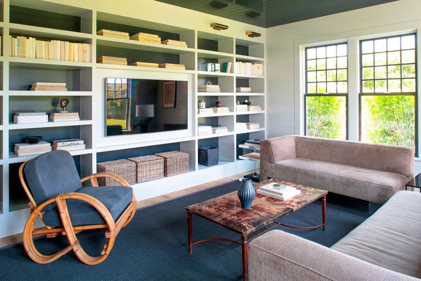Contemporary living room with built in bookshelves and color coordinated books