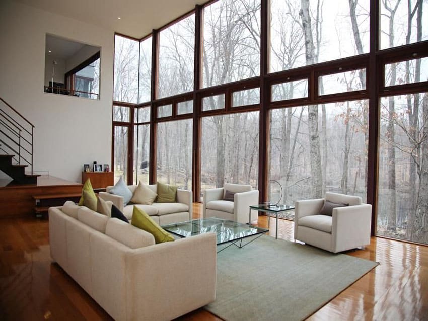 Contemporary living room with floor to ceiling window views