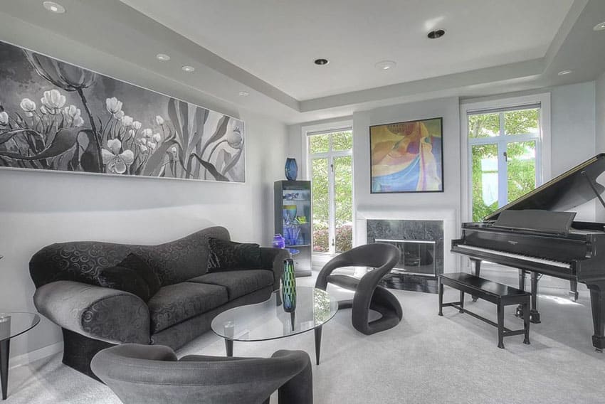 Contemporary living room with gray theme and grand piano