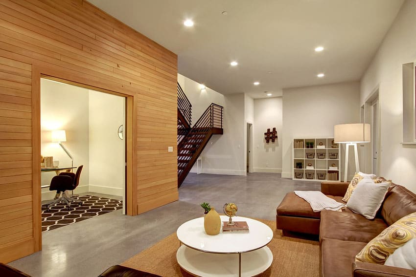 Contemporary living room with polished concrete floors
