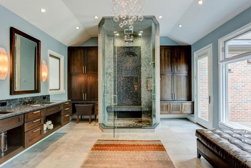 Contemporary master bathroom with center rain shower limestone flooring