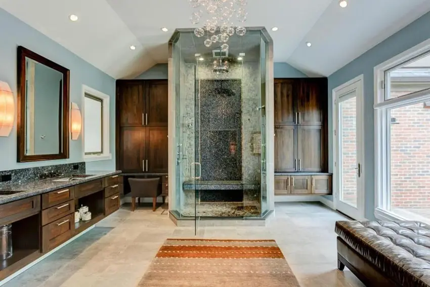 Bathroom with center shower and limestone flooring