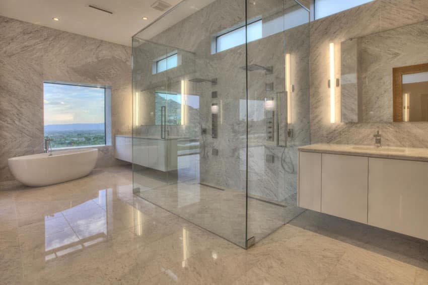 Contemporary master bathroom with frameless rain shower bathtub and beige marble floors