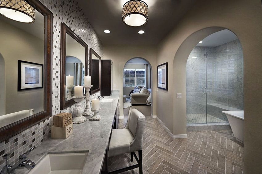 Contemporary master bathroom with mosaic tile backsplash and glass shower