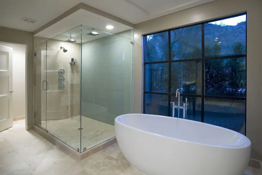 Shower area with frameless glass partitions and elliptical tub