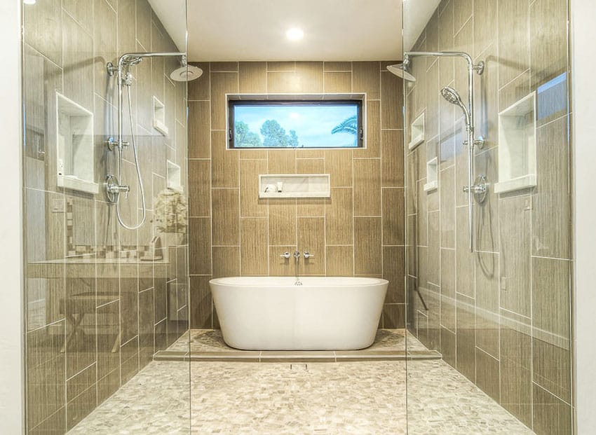 Bathroom with 2 shower areas, vertical ceramic tiles for the walls and granite floor tiles