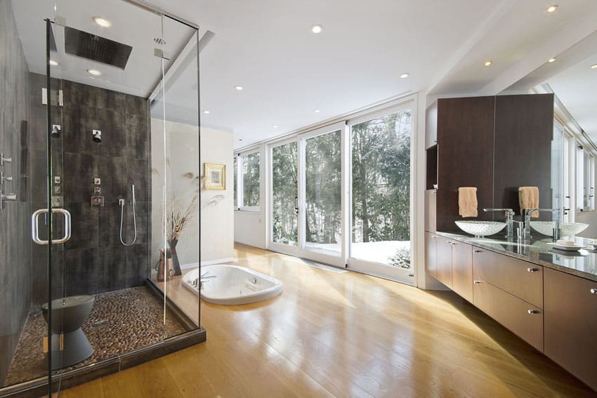 Contemporary master bathroom with sunken bathtub