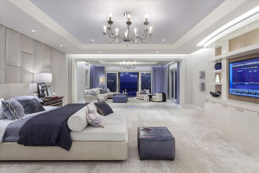Contemporary master bedroom with sitting area, tray ceiling and purple and white decor