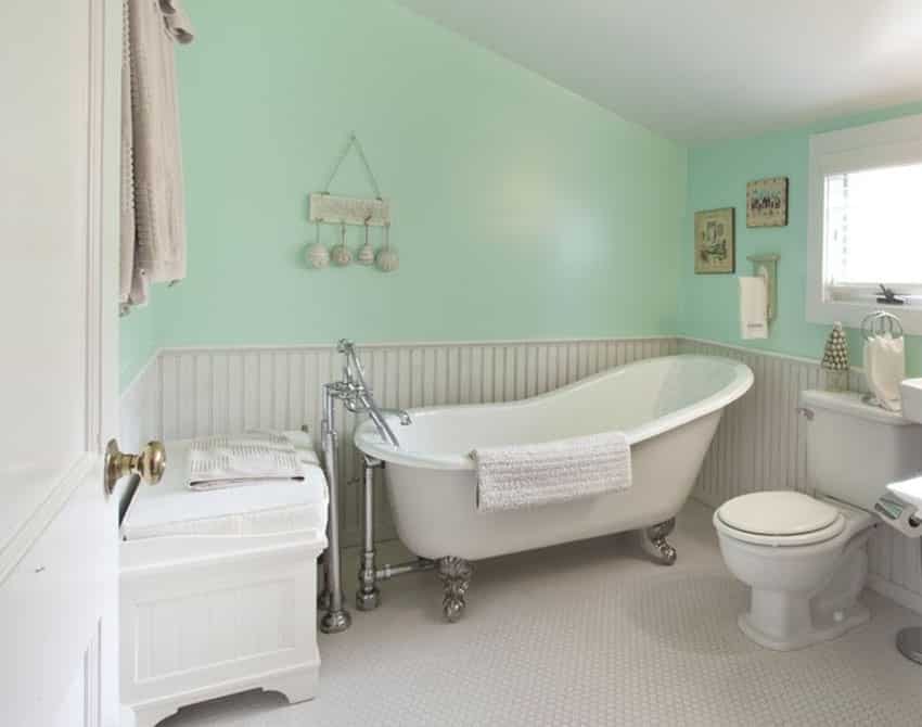 Bathroom with pine wainscoting with white wood bench