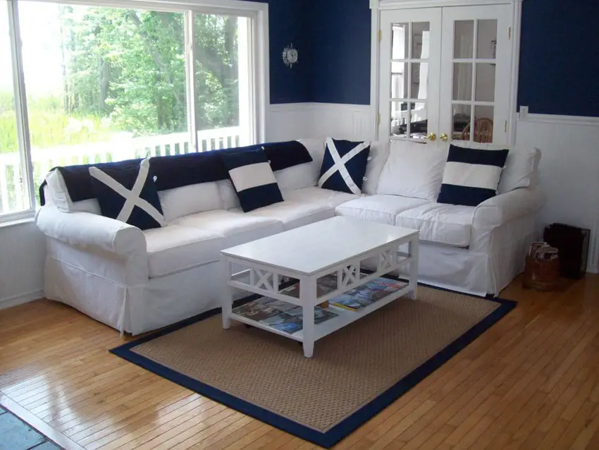Cottage living room with navy blue walls