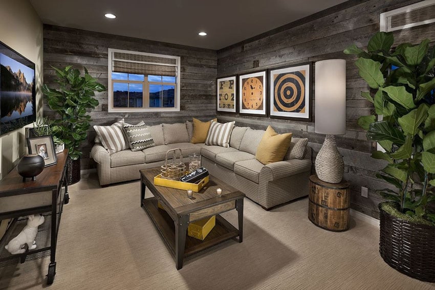 Cozy living room with wood accent walls