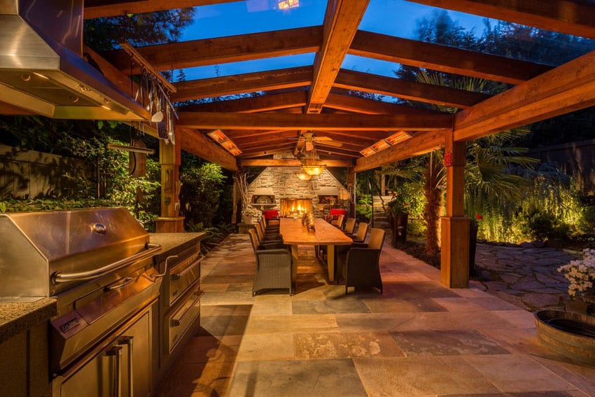 Craftsman design patio with wood and glass ceiling