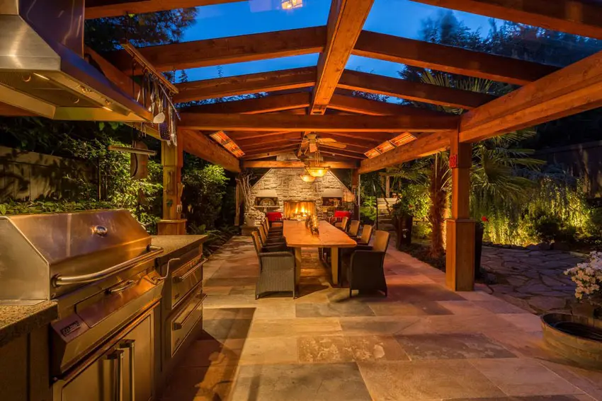 Craftsman design patio with wood and glass ceiling