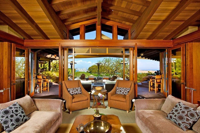 Craftsman style living room with open beam cathedral ceiling