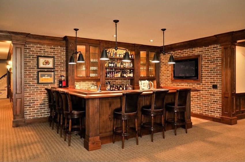 Brick walled bar with industrial lighting and television