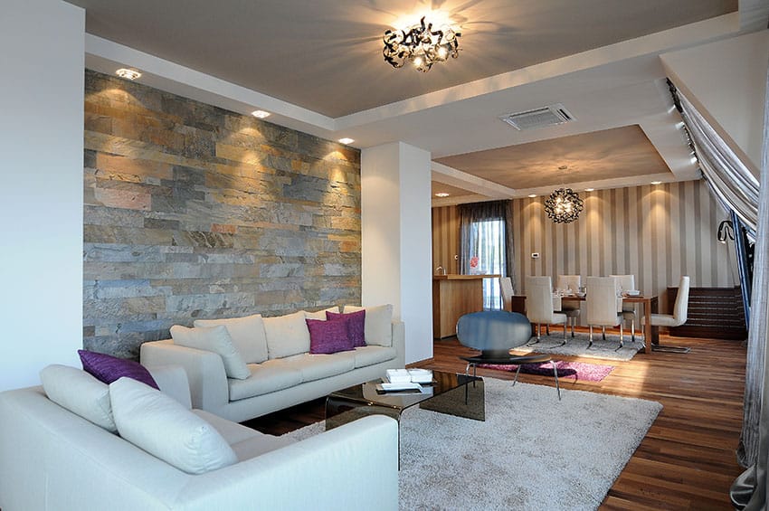 Decorated living room with slate tile accent wall