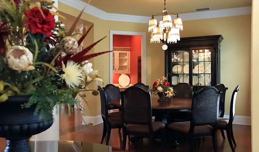 Dining room with round wood dining table