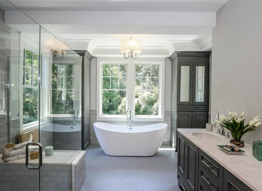 Elegant master bathroom with garden view from bathtub