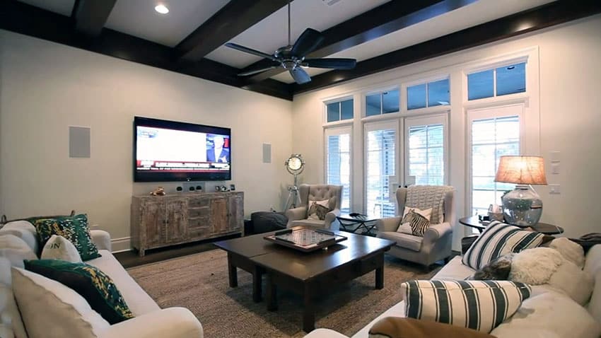 Family room in luxury home with french doors