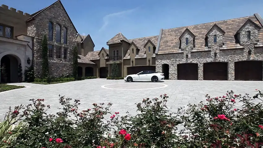 Five car garage at custom castle style home