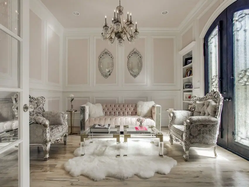 Saturated pink sofa matched with Chesterfield with wall panels