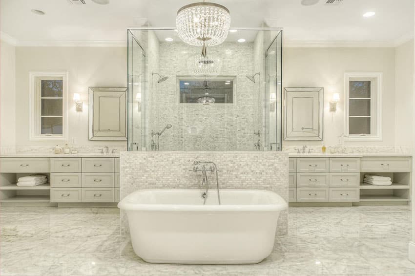 Gorgeous white design bathroom with center freestanding acrylic bathtub