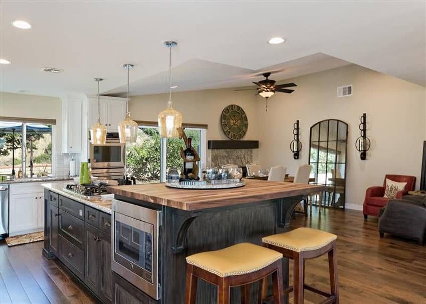 Kitchen with butcher block counter breakfast bar island