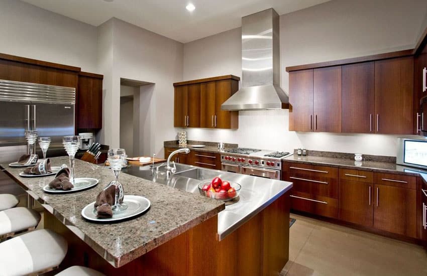 Kitchen with European style cabinetry and double bowl sink