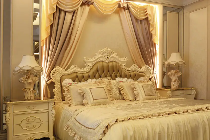 Lacy bedroom design with headboard bed curtains
