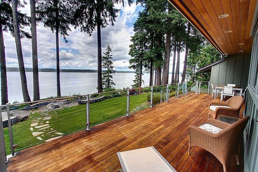 Lake view deck with glass railings