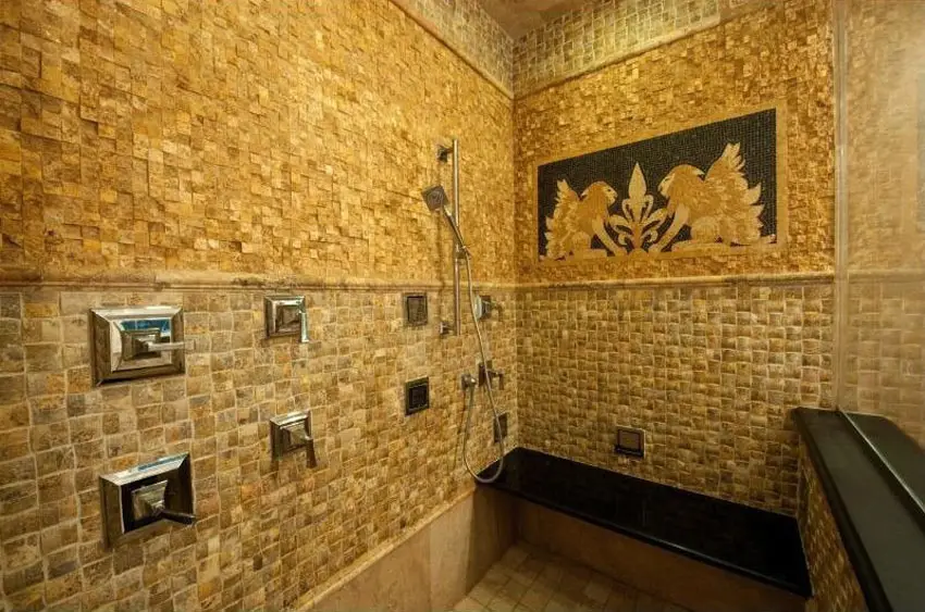 Shower with stacked travertine and mosaic type tiles mural with winged lion wall art
