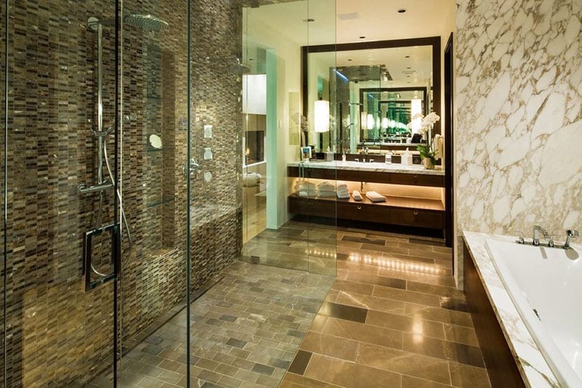 Large walk in rainfall shower with glass tile