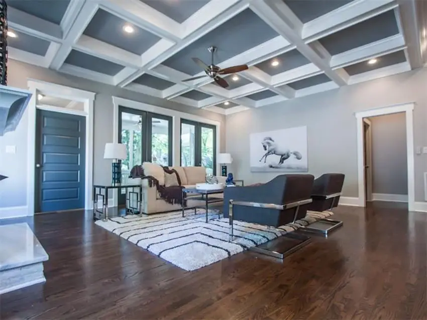 Living room with blue and white coffered ceiling