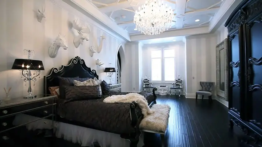 Luxury art deco master bedroom with wall sculpture art