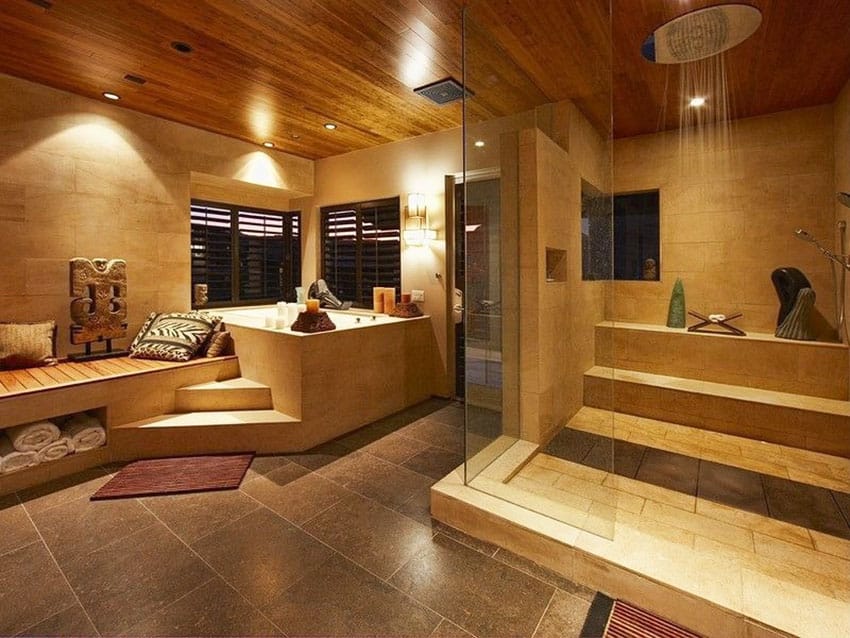 Luxury bathroom with elevated bathtub and travertine shower