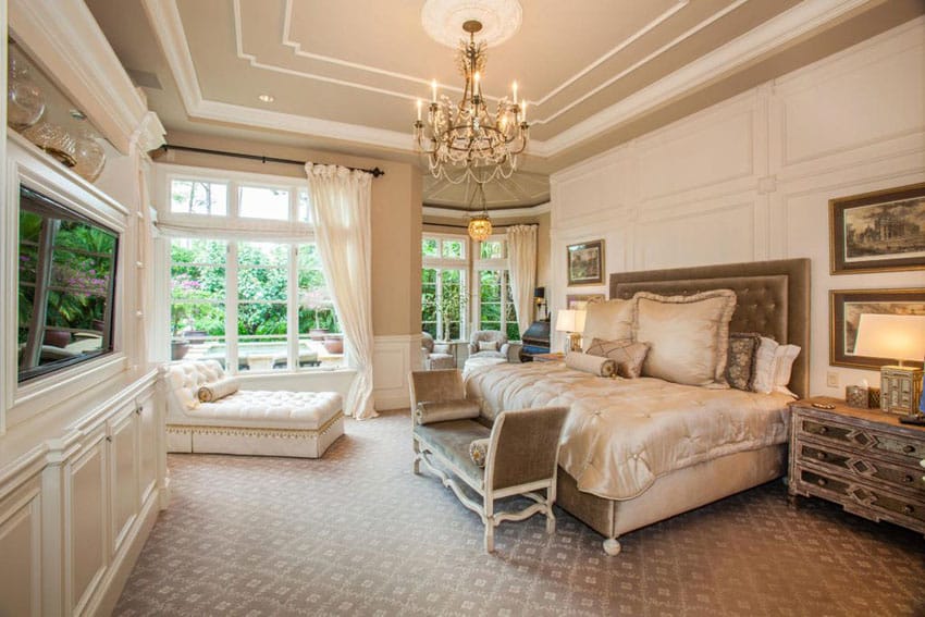 Luxury bedroom with elegant decor and tufted chaise lounge